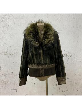 Vintage Y2K "Pierced" Green Rabbit & Raccoon Fur Bomber